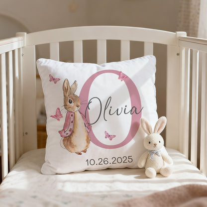 A touching custom baby pillow featuring Peter Rabbit, personalized with your baby’s name and date—an unforgettable gift for new parents to treasure in their little one’s nursery.