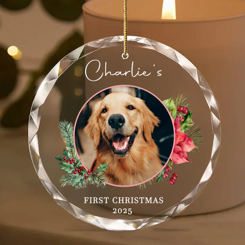 Custom pet photo crystal ornament with golden retriever image, First Christmas 2025. Personalized dog Christmas keepsake, for pet lovers and holiday decor.