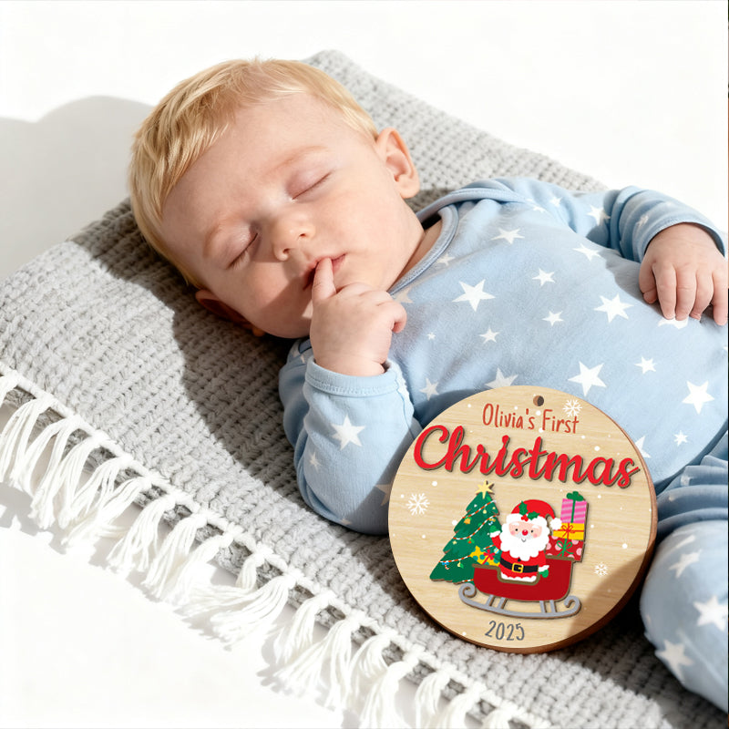 Wooden Christmas Ornament for Baby's First Christmas, Santa in Sleigh with Presents and Tree, Personalized Gift for New Parents